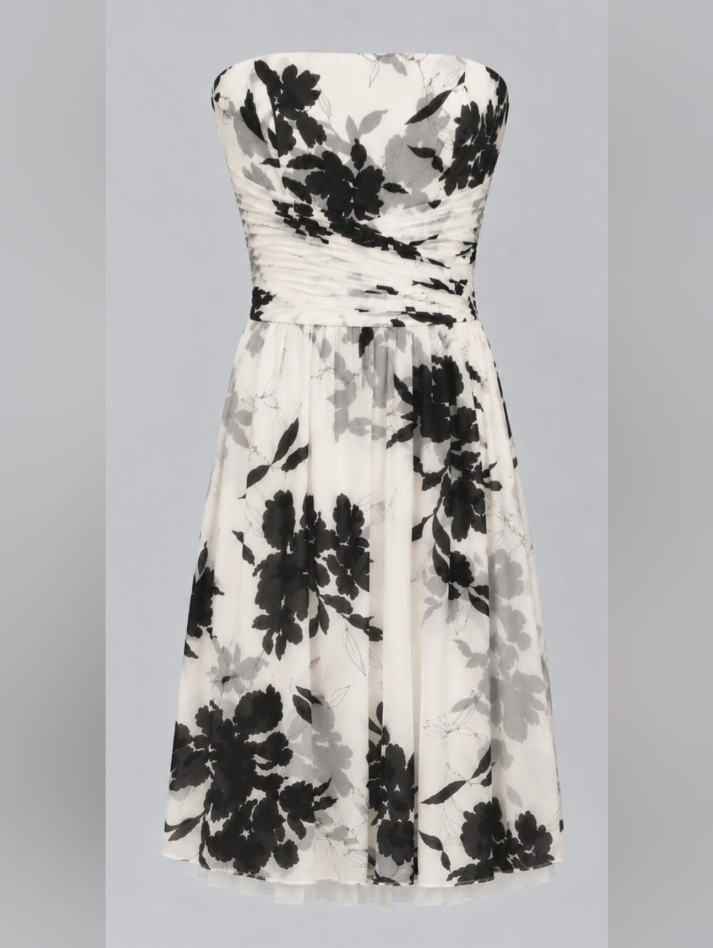 Ann Taylor 100% Silk Strapless Floral Dress Ivory Black Cocktail Midi size 2